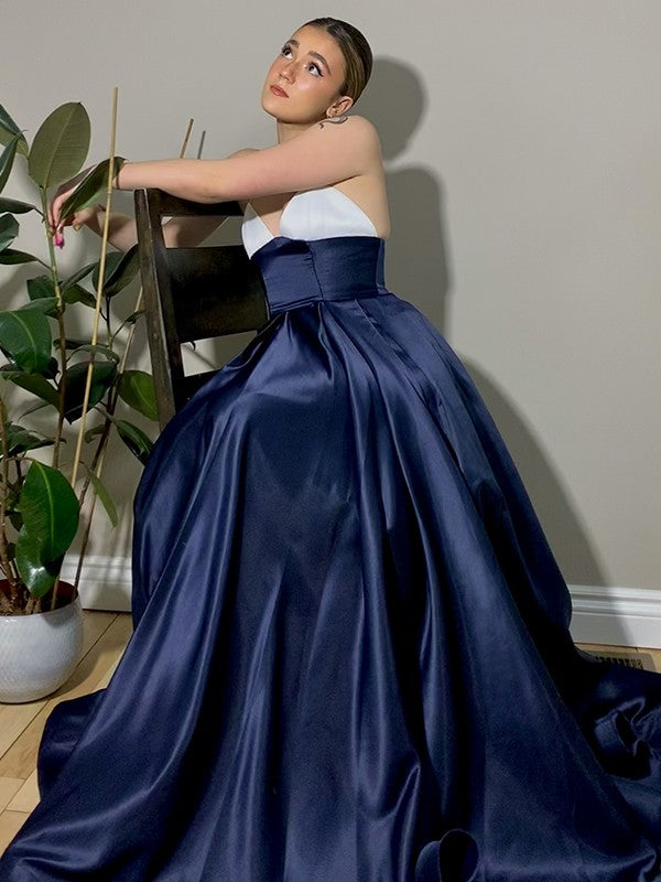 Satin Ruffles V-neck Sleeveless Sweep/Brush Train Dresses
