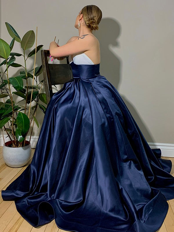 Satin Ruffles V-neck Sleeveless Sweep/Brush Train Dresses