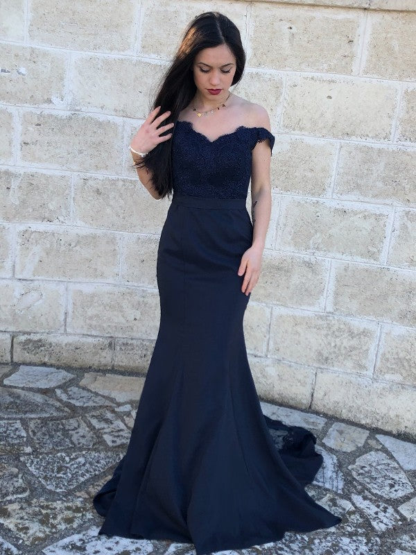 Satin Lace Off-the-Shoulder Sleeveless Sweep/Brush Train Dresses