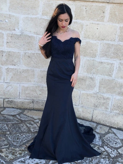 Satin Lace Off-the-Shoulder Sleeveless Sweep/Brush Train Dresses