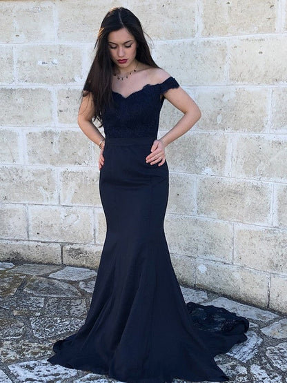 Satin Lace Off-the-Shoulder Sleeveless Sweep/Brush Train Dresses