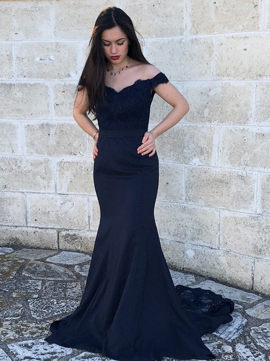 Satin Lace Off-the-Shoulder Sleeveless Sweep/Brush Train Dresses