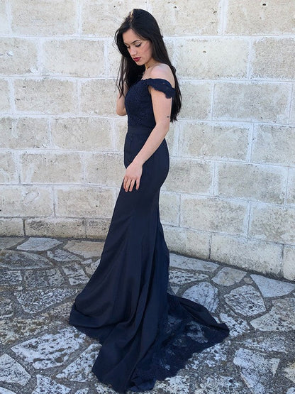 Satin Lace Off-the-Shoulder Sleeveless Sweep/Brush Train Dresses