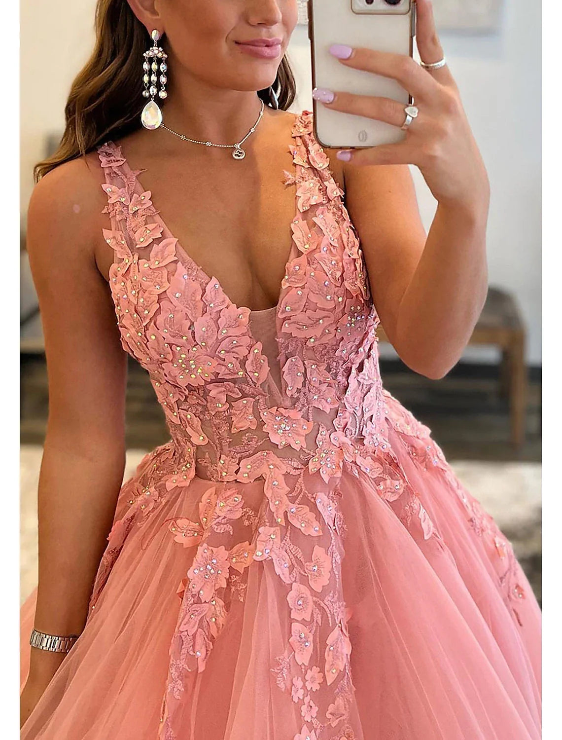 A-Line Prom Dresses Open Back Dress Formal Wedding Guest Floor Length Sleeveless V Neck Tulle Backless