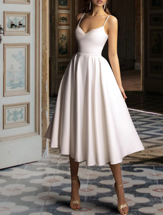 White Satin A‑Line Sweetheart Beaded‑Strap V‑Back Tea‑Length Wedding Dress For Reception