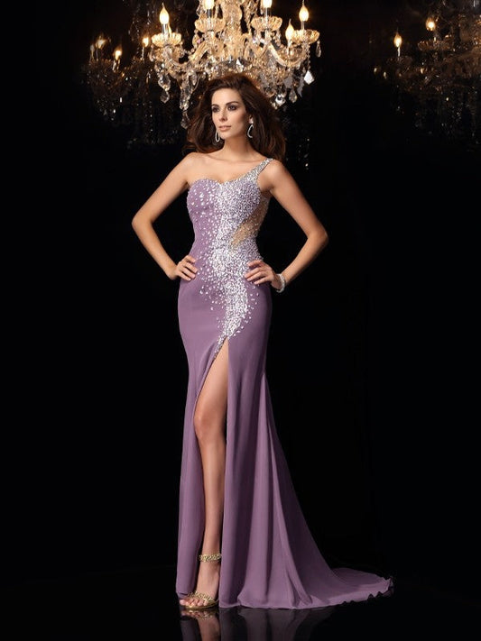 One-Shoulder Rhinestone Sleeveless Long Chiffon Dresses
