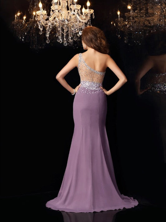 One-Shoulder Rhinestone Sleeveless Long Chiffon Dresses
