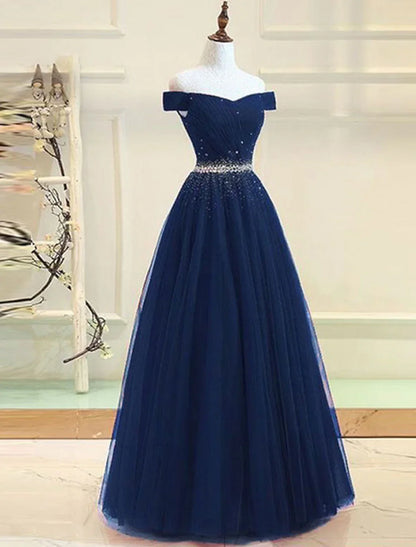 A-Line Evening Gown Party Dress Party Wear Floor Length Short Sleeve One Shoulder Tulle