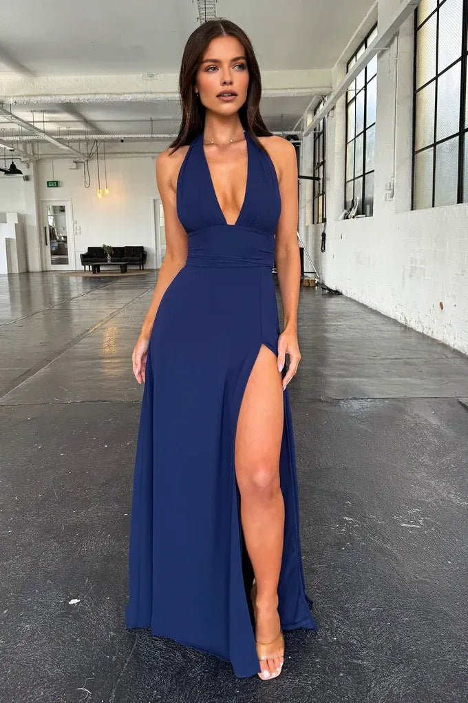 Sexy Sheath V Neck Sleeveless Satin Backless Floor-Length Prom Dress