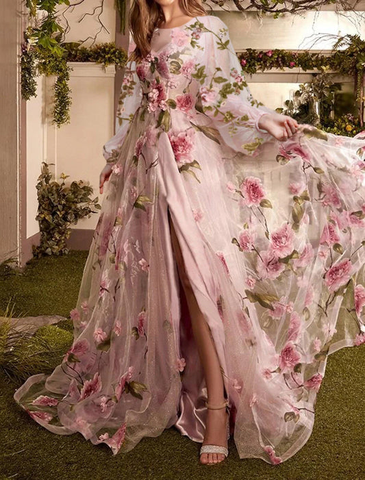 A-Line Evening Dresses Floral Dress Formal Wedding Guest Sweep / Brush Train Long Sleeve Jewel Neck Lace