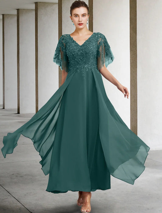 A-Line Curve Mother of the Bride Dress Elegant Jewel Neck Ankle Length Chiffon Lace Short Sleeve