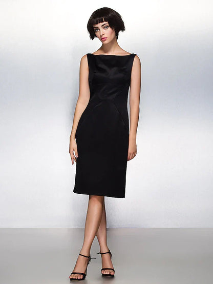 Sheath / Column Party Dress Wedding Guest Knee Length Sleeveless Bateau Neck Satin