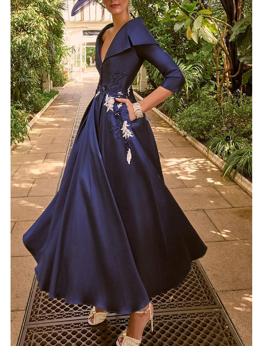 A-Line Evening Gown Elegant Dress Formal Wedding Floor Length 3/4 Length Sleeve Shirt Collar Satin