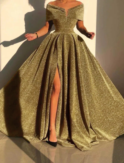 A-Line Evening Gown Sparkle & Shine Dress Formal Fall Court Train Sleeveless Off Shoulder Sequined