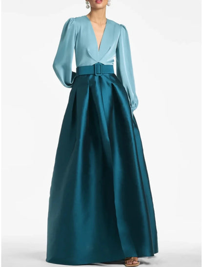 A-Line Satin Green Dress Formal Wedding Guest Dress Elegant Evening Gown High Split Pocket Long Sleeve Floor Length Color Block V Neck Belt