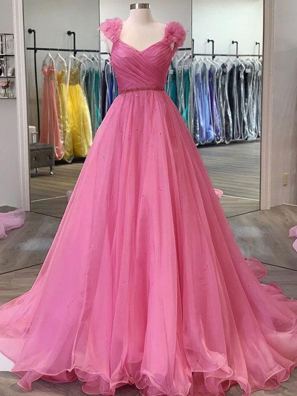 Organza Ruffles V-neck Sleeveless Sweep/Brush Train Dresses
