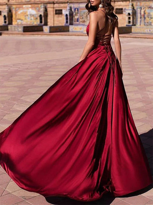 Woven Satin V-neck Sleeveless Sweep/Brush Train Dresses