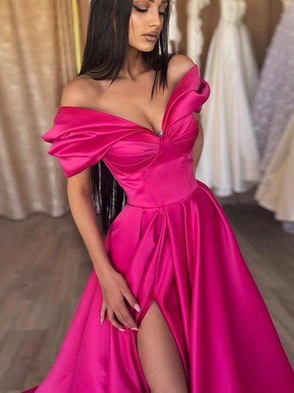 Satin Ruched Off-the-Shoulder Sleeveless Sweep/Brush Train Dresses