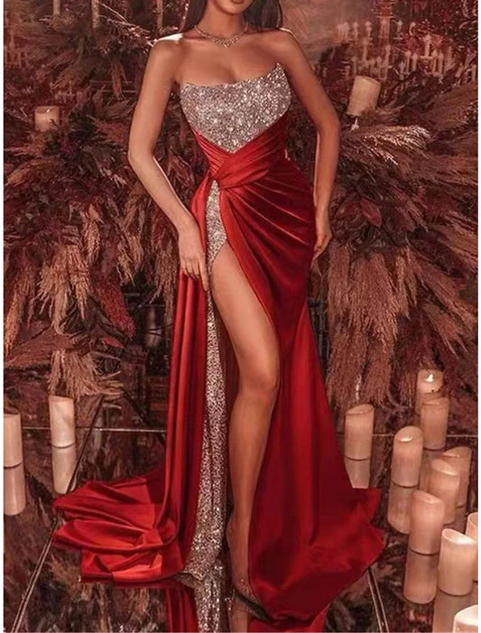 Women's Sequin Dress Prom Dress Party Dress Long Dress Maxi Dress Red Blue Green Sleeveless Plain Sequins Summer Spring Fall Strapless Red Valentines Dress Valentine's Day Wedding Guest Evening Party