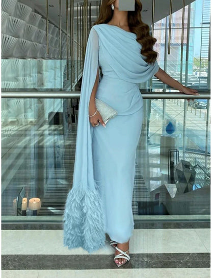 Sheath / Column Evening Gown Elegant Dress Formal Fall Sweep / Brush Train Sleeveless Cowl Neck Chiffon