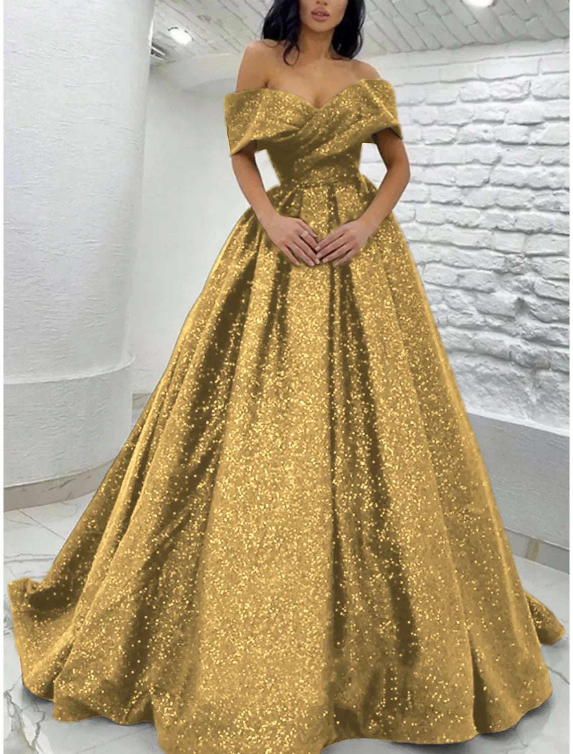 A-Line Prom Dresses Elegant Dress Black Tie Gala Sweep / Brush Train Short Sleeve Off Shoulder Sequined