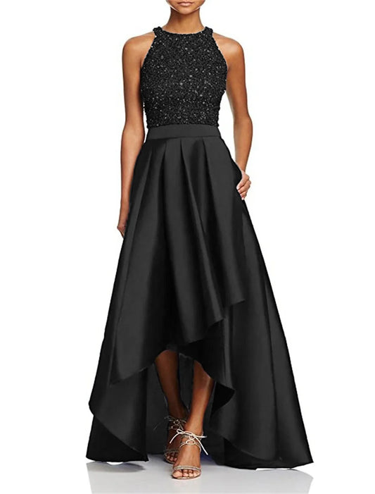 A-Line Wedding Guest Dresses Sparkle Evening Dress Wear Semi Formal Asymmetrical Sleeveless Jewel Neck Fall Wedding Guest Satin