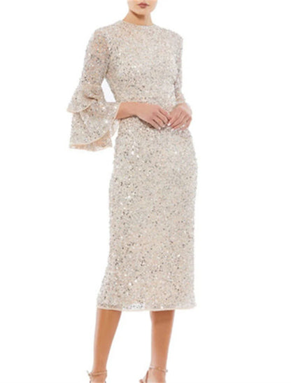 Sheath / Column Evening Dresses Party Dress Wedding Guest Party Wear Tea Length 3/4 Length Sleeve Jewel Neck Sequined