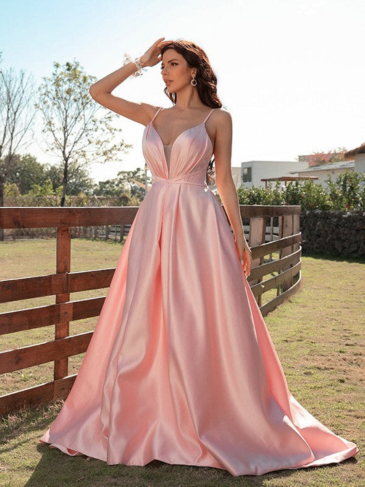 Satin Ruched V-neck Sleeveless Sweep/Brush Train Dresses