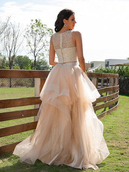 Scoop Sleeveless Floor-Length Two Piece Dresses