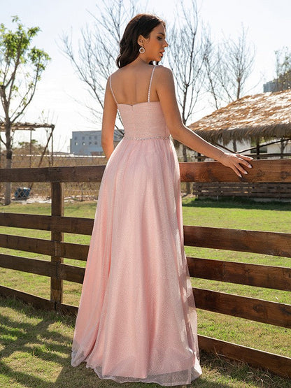 Ruched V-neck Sleeveless Floor-Length Dresses