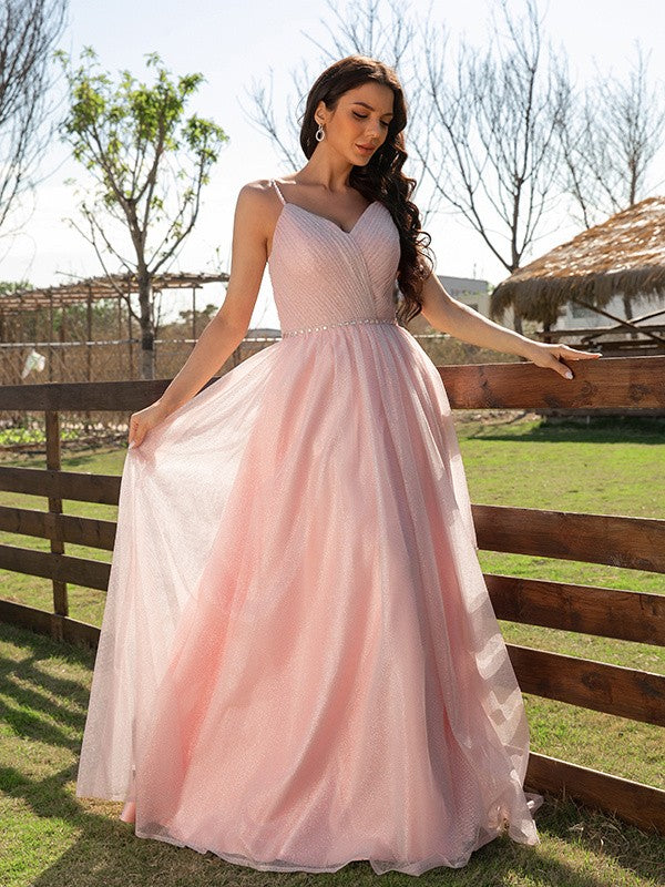 Ruched V-neck Sleeveless Floor-Length Dresses