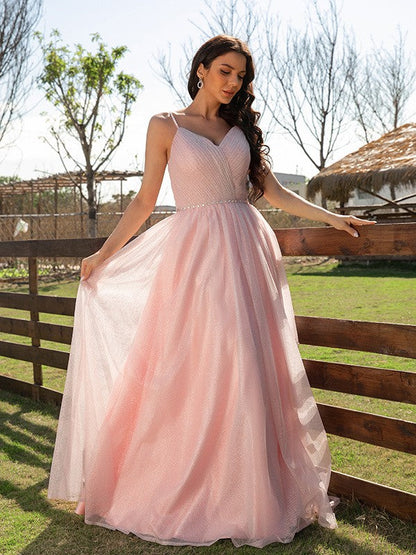 Ruched V-neck Sleeveless Floor-Length Dresses