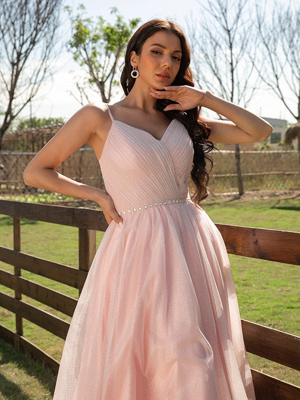 Ruched V-neck Sleeveless Floor-Length Dresses