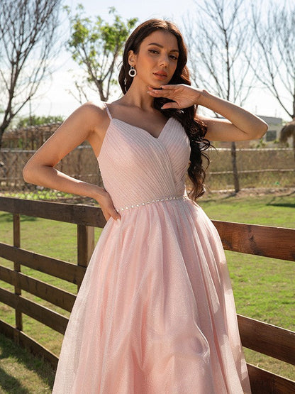 Ruched V-neck Sleeveless Floor-Length Dresses