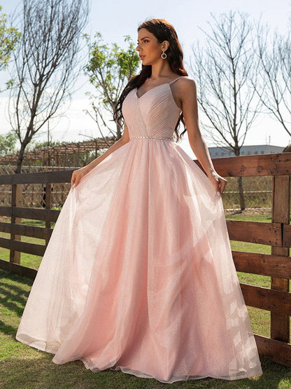 Ruched V-neck Sleeveless Floor-Length Dresses