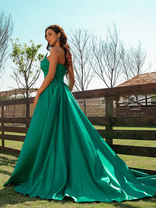 Satin Ruffles V-neck Sleeveless Sweep/Brush Train Dresses