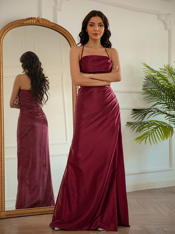 Woven Satin Ruched Halter Sleeveless Floor-Length Dresses