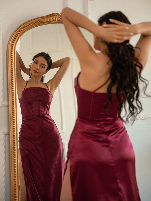 Woven Satin Ruched Halter Sleeveless Floor-Length Dresses