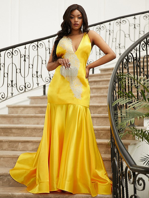 Woven Satin Applique V-neck Sleeveless Sweep/Brush Train Dresses