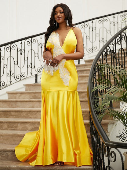Woven Satin Applique V-neck Sleeveless Sweep/Brush Train Dresses