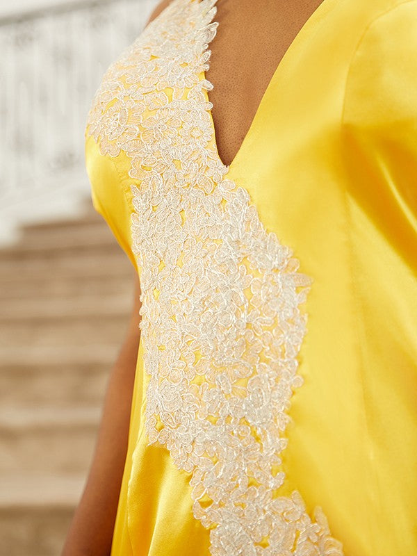 Woven Satin Applique V-neck Sleeveless Sweep/Brush Train Dresses