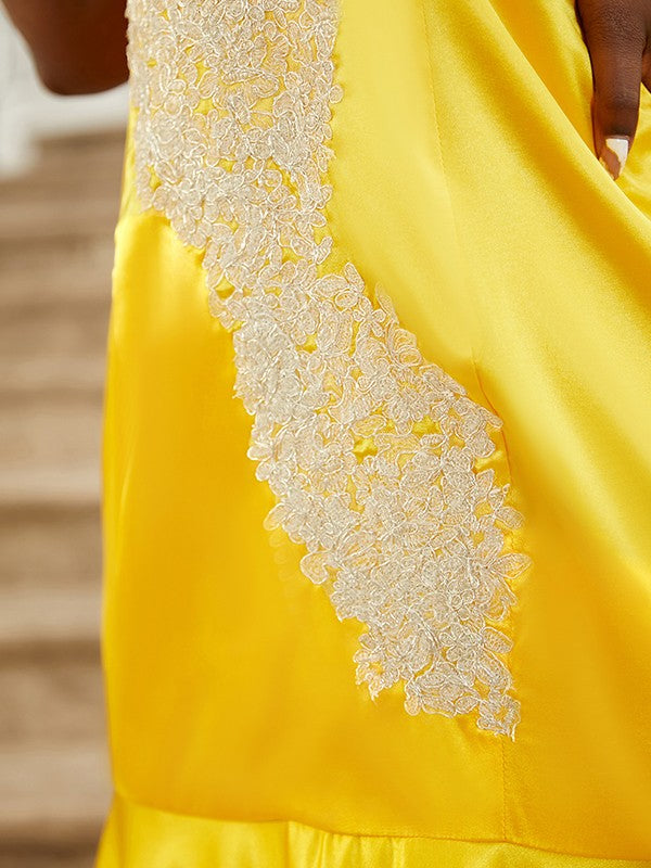 Woven Satin Applique V-neck Sleeveless Sweep/Brush Train Dresses