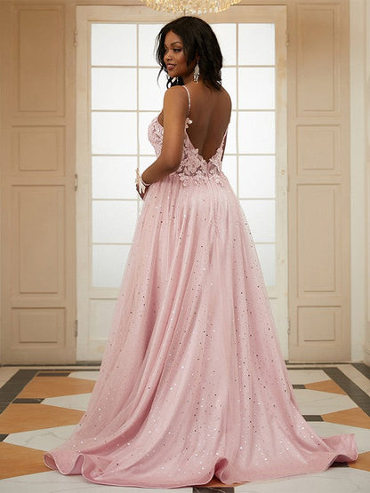 Tulle Applique V-neck Sleeveless Sweep/Brush Train Dresses
