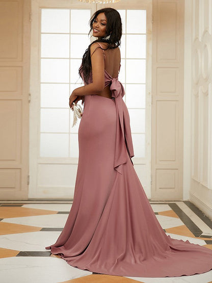 Woven Satin Ruched Spaghetti Straps Sleeveless Sweep/Brush Train Dresses