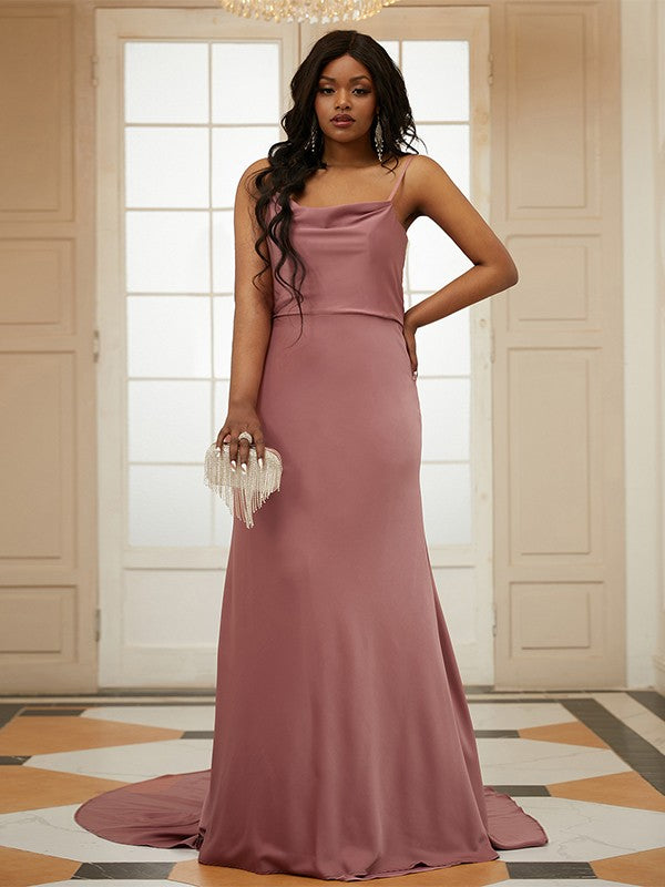 Woven Satin Ruched Spaghetti Straps Sleeveless Sweep/Brush Train Dresses