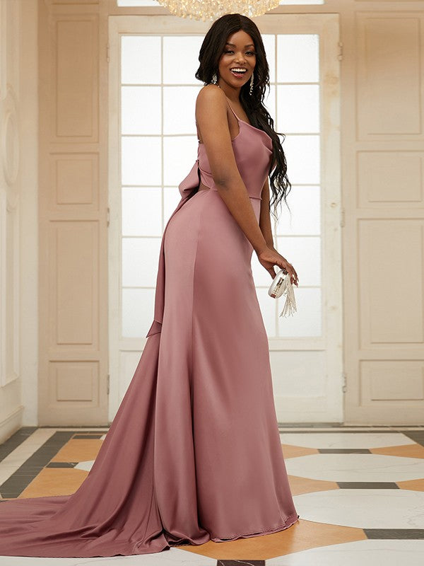 Woven Satin Ruched Spaghetti Straps Sleeveless Sweep/Brush Train Dresses