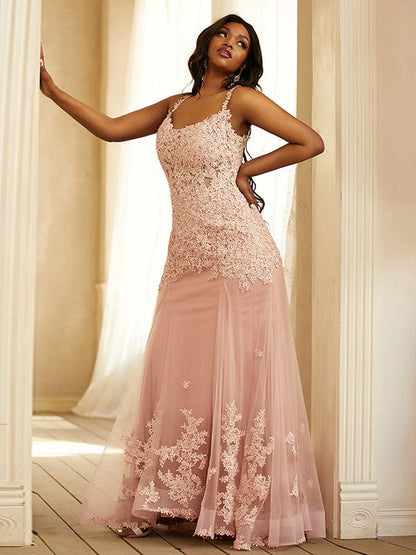 Tulle Applique Straps Sleeveless Sweep/Brush Train Dresses
