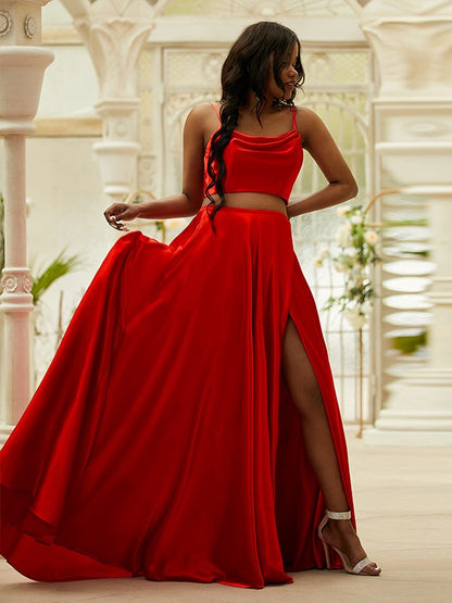 Satin Ruffles Spaghetti Straps Sleeveless Sweep/Brush Train Two Piece Dresses