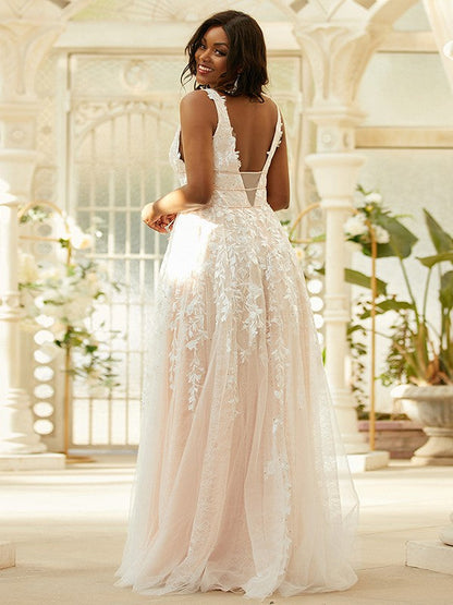 Tulle Applique V-neck Sleeveless Floor-Length Dresses