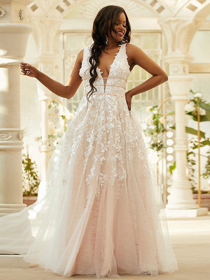Tulle Applique V-neck Sleeveless Floor-Length Dresses